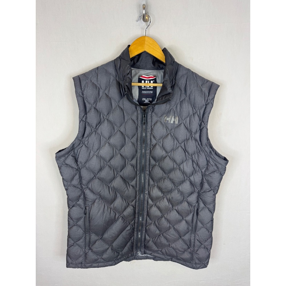 Helly Hansen Mens 2XL Gray Diamond Quilted Down Puffer Vest Full Zip Mock Neck
